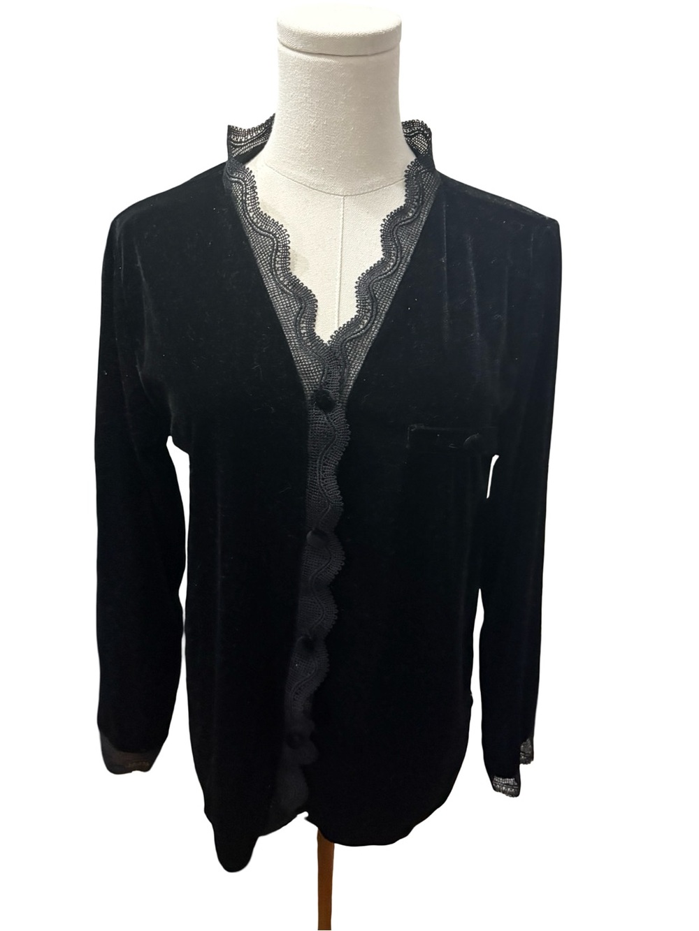Velvet Black button down top with Lace Trim. -